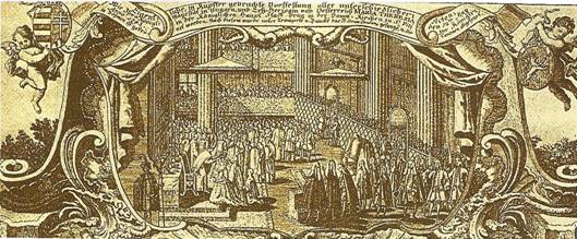 Korunovace Marie Terezie v Praze v kvtnu 1743, soudob rytina